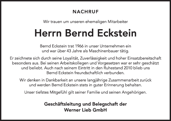 Anzeige von Bernd Eckstein von MGO