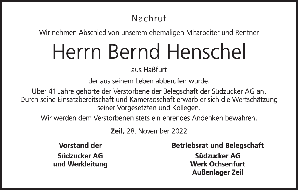  Traueranzeige für Bernd Henschel vom 29.11.2022 aus MGO