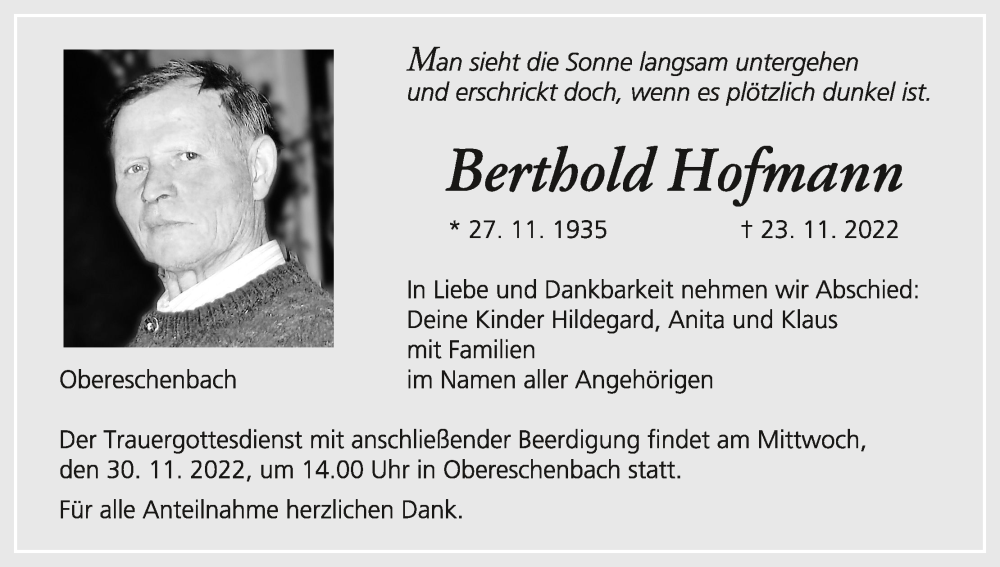  Traueranzeige für Berthold Hofmann vom 26.11.2022 aus MGO