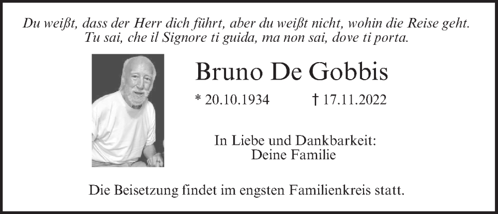  Traueranzeige für Bruno De Gobbis vom 26.11.2022 aus MGO