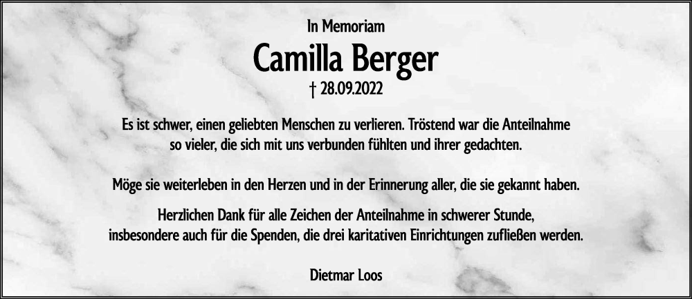  Traueranzeige für Camilla Berger vom 07.11.2022 aus MGO