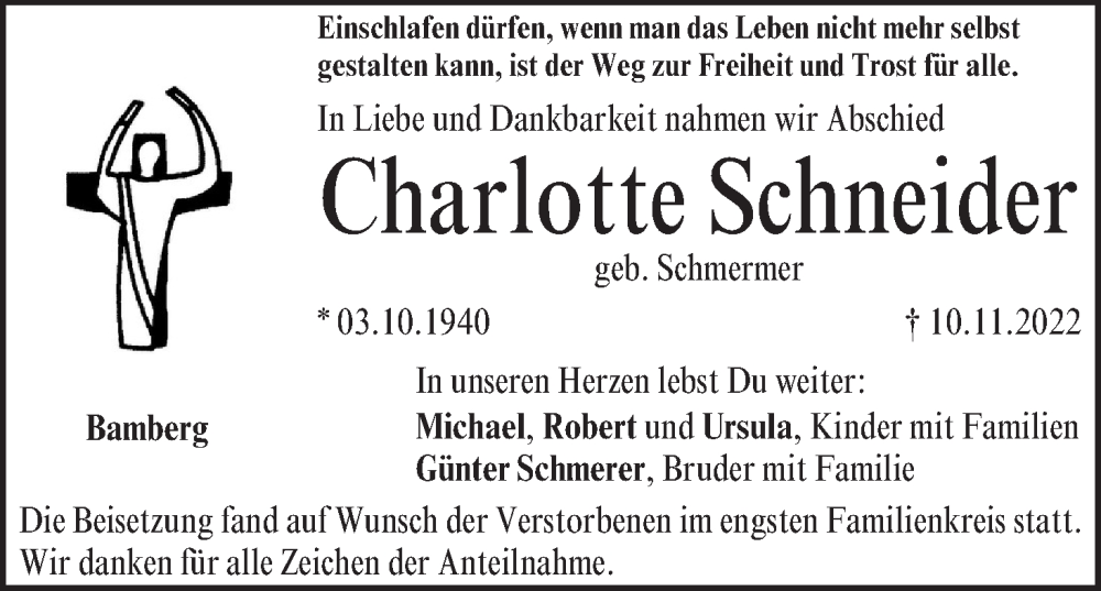 Traueranzeige für Charlotte Schneider vom 26.11.2022 aus MGO
