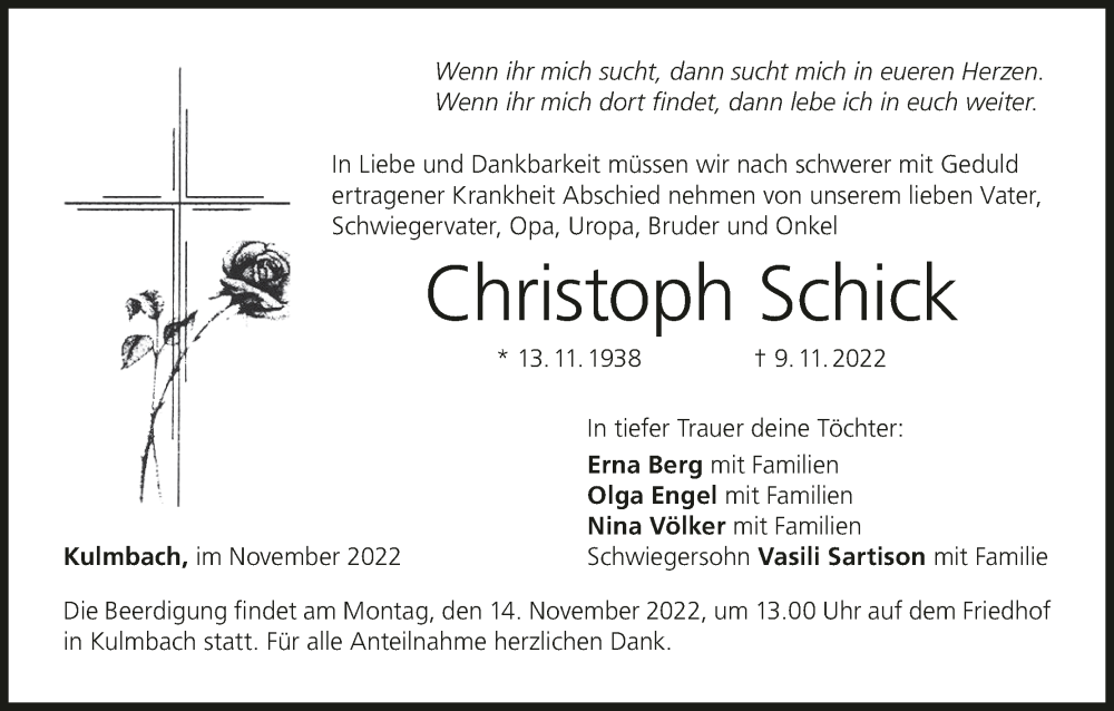  Traueranzeige für Christoph Schick vom 12.11.2022 aus MGO
