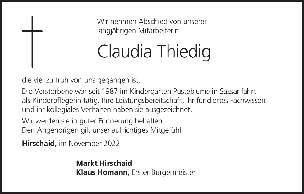  Traueranzeige für Claudia Thiedig vom 12.11.2022 aus MGO