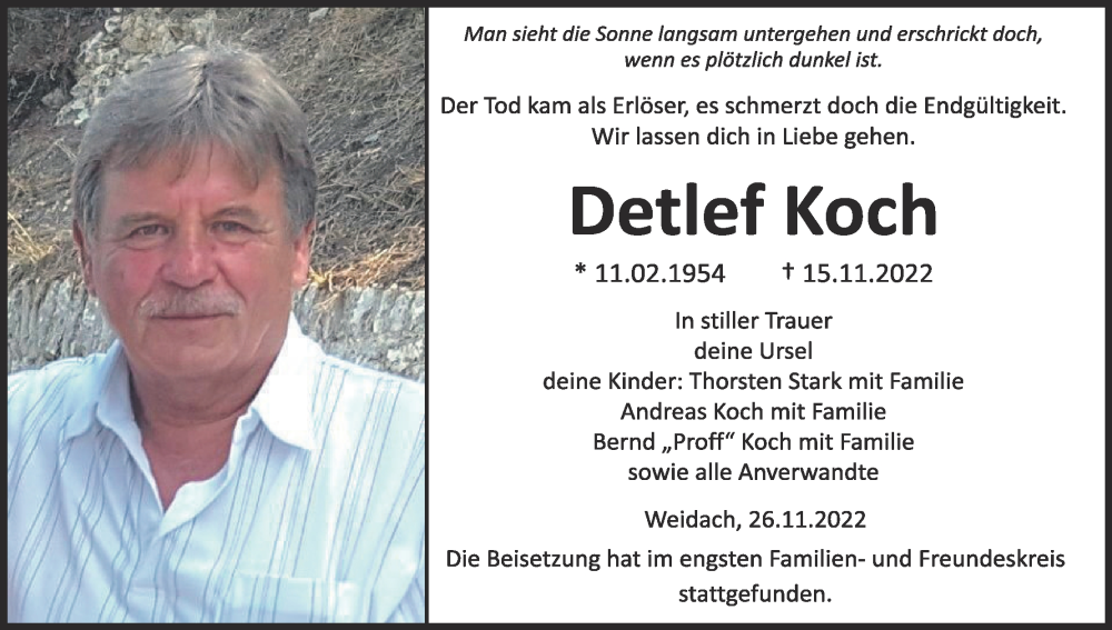  Traueranzeige für Detlef Koch vom 26.11.2022 aus MGO