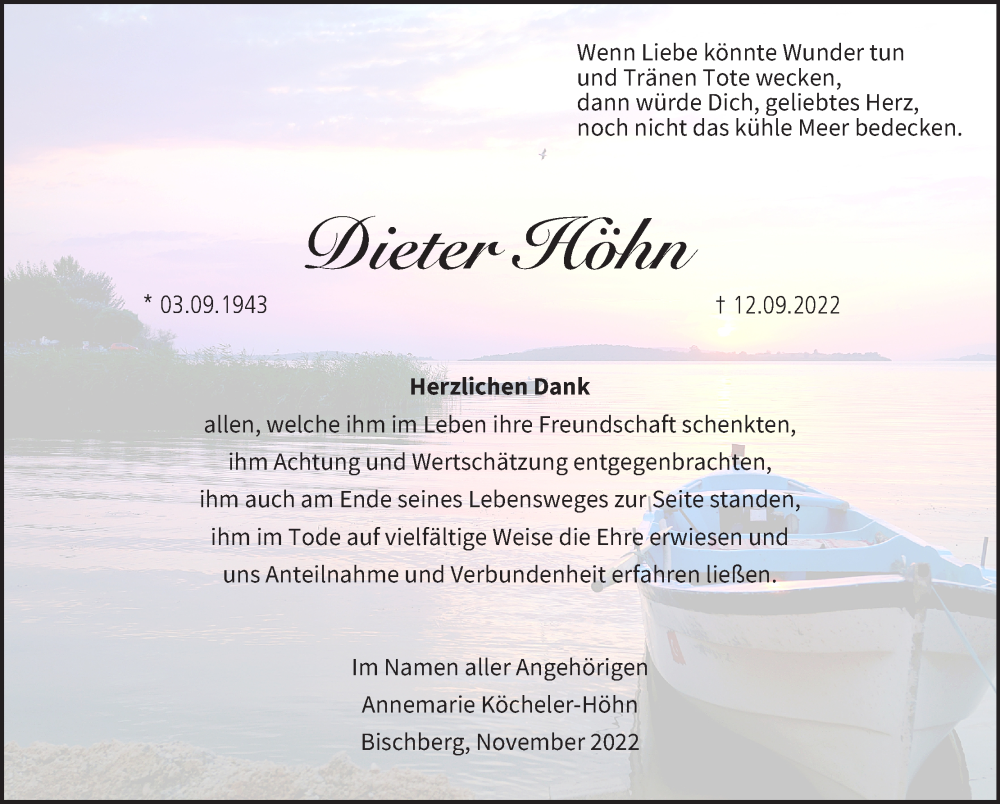  Traueranzeige für Dieter Höhn vom 05.11.2022 aus MGO