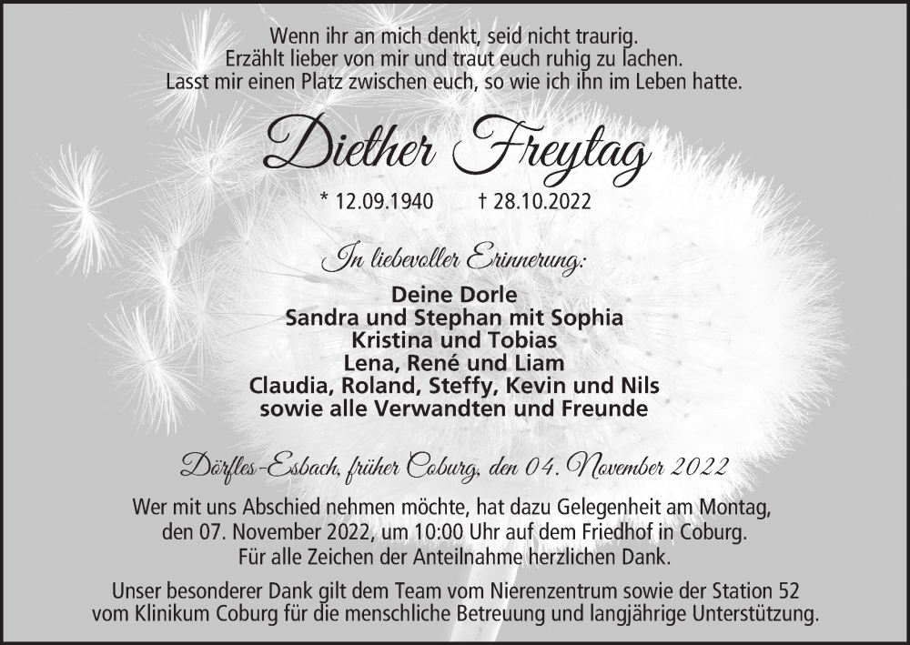  Traueranzeige für Diether Freytag vom 04.11.2022 aus MGO