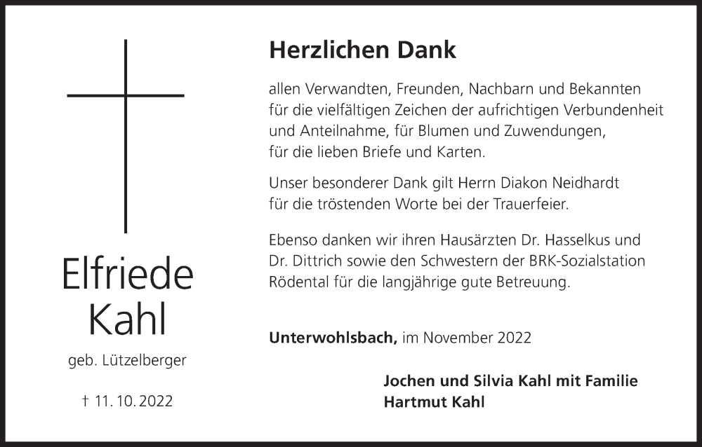  Traueranzeige für Elfriede Kahl vom 05.11.2022 aus MGO
