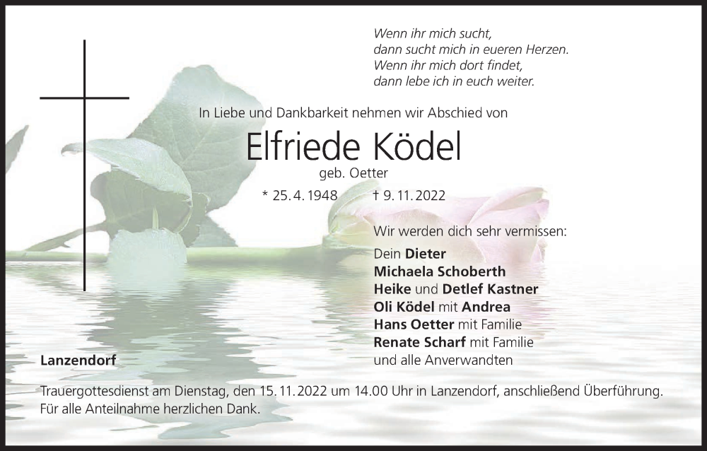  Traueranzeige für Elfriede Ködel vom 12.11.2022 aus MGO