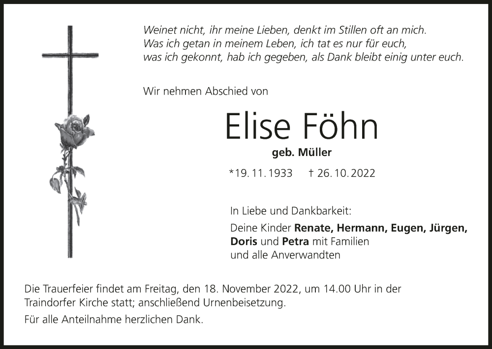  Traueranzeige für Elise Föhn vom 16.11.2022 aus MGO