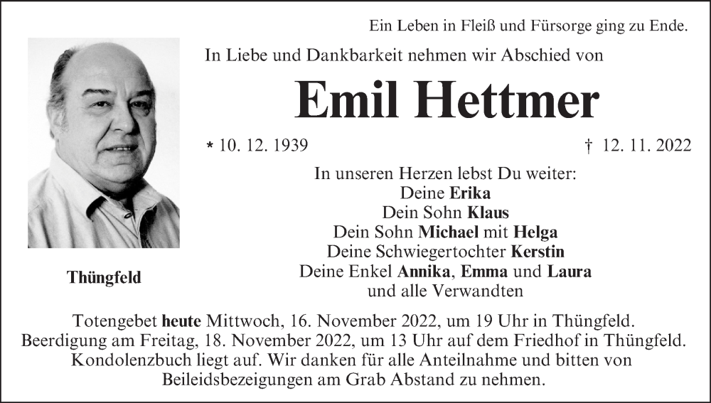  Traueranzeige für Emil Hettmer vom 16.11.2022 aus MGO