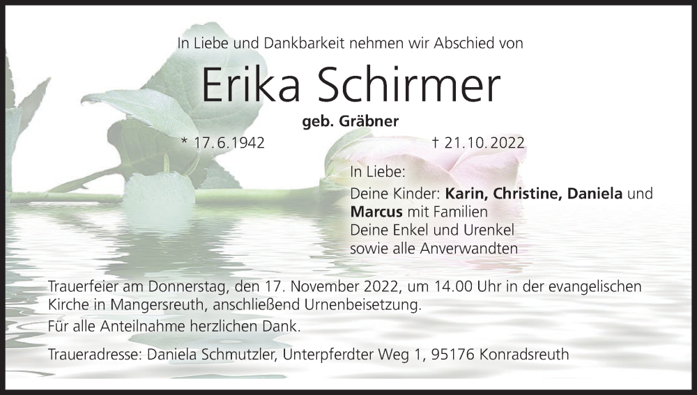  Traueranzeige für Erika Schirmer vom 12.11.2022 aus MGO