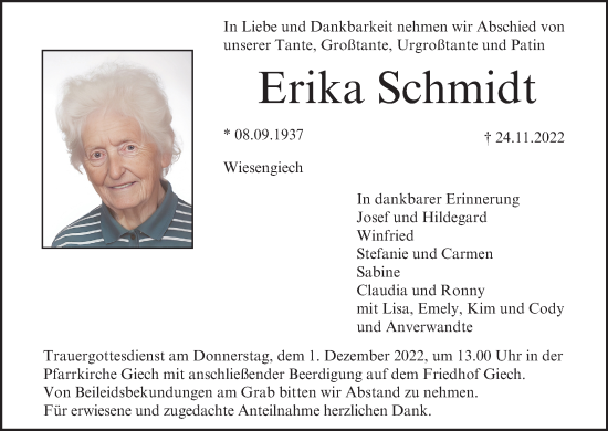 Anzeige von Erika Schmidt von MGO