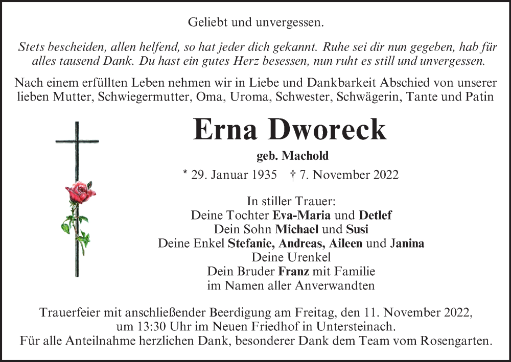  Traueranzeige für Erna Dworeck vom 10.11.2022 aus MGO
