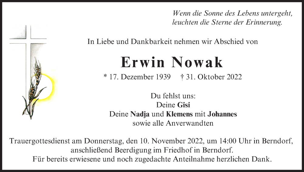 Traueranzeige für Erwin Nowak vom 09.11.2022 aus MGO