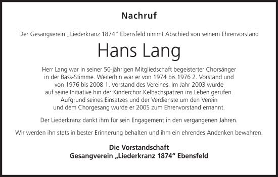 Anzeige von Johann Lang von MGO