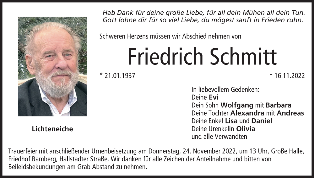  Traueranzeige für Friedrich Schmitt vom 19.11.2022 aus MGO
