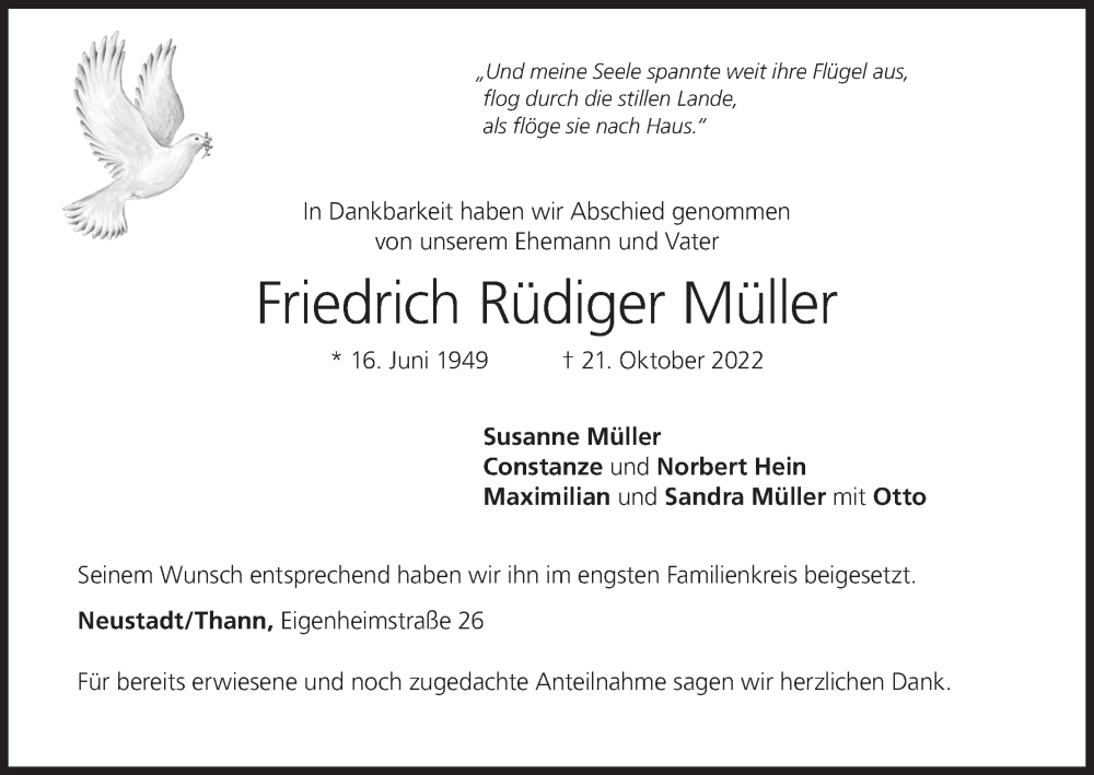  Traueranzeige für Friedrich Rüdiger Müller vom 04.11.2022 aus MGO