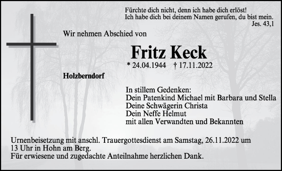 Anzeige von Fritz Keck von MGO