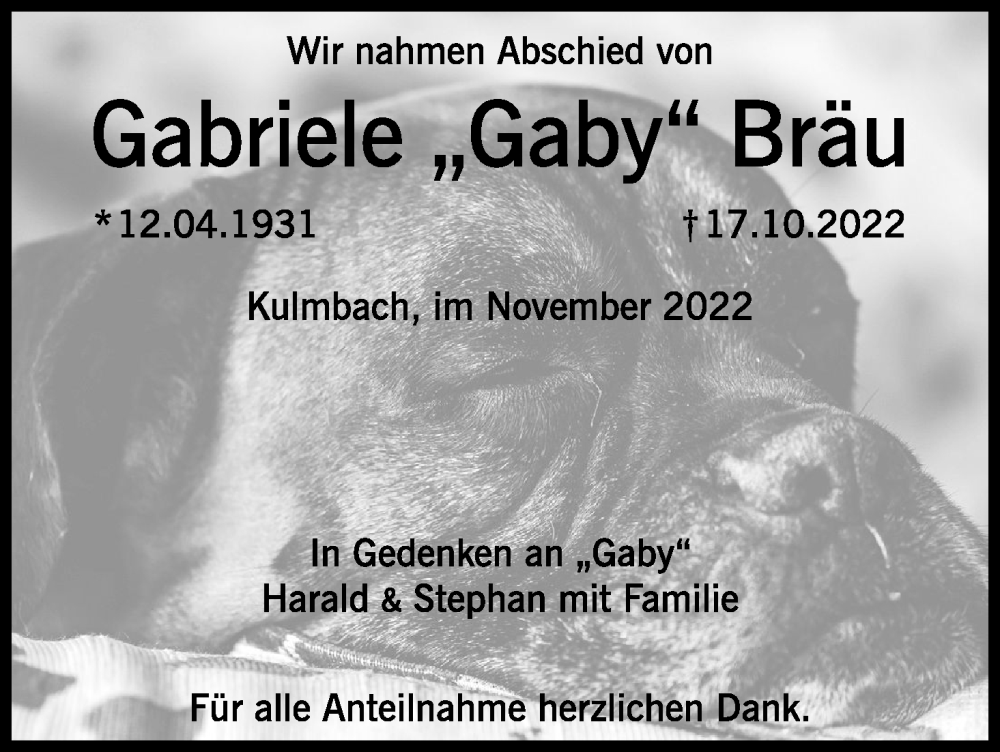  Traueranzeige für Gabriele Bräu vom 16.11.2022 aus MGO