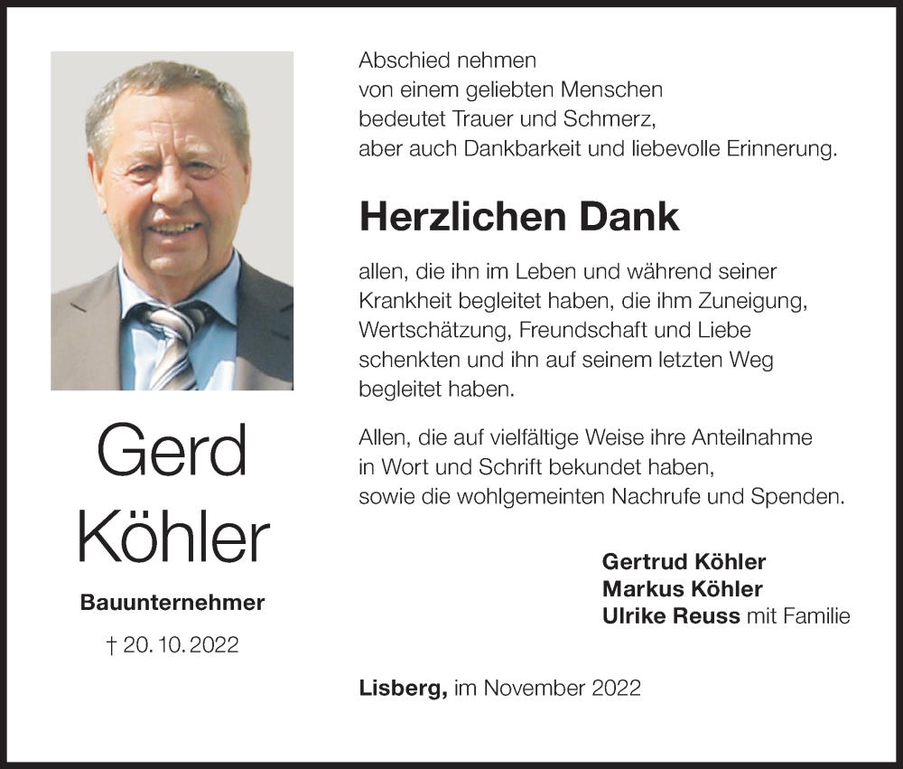  Traueranzeige für Gerd Köhler vom 12.11.2022 aus MGO