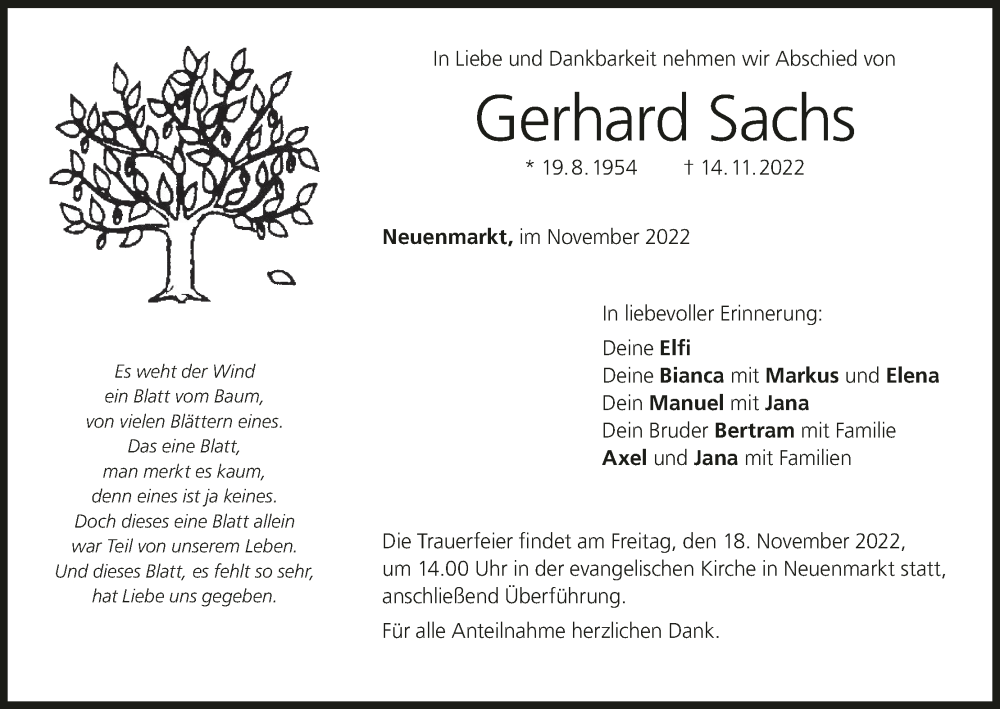  Traueranzeige für Gerhard Sachs vom 17.11.2022 aus MGO