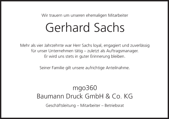 Anzeige von Gerhard Sachs von MGO