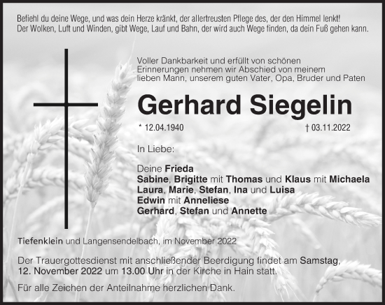 Anzeige von Gerhard Siegelin von MGO