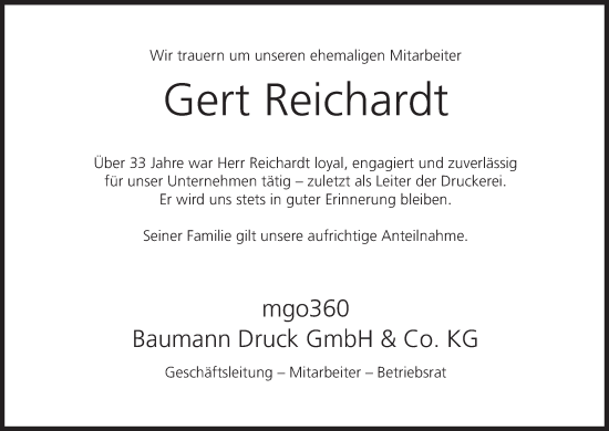 Anzeige von Gert Reichardt von MGO