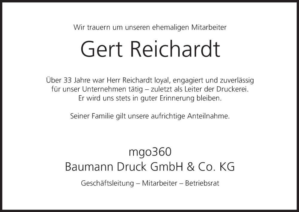  Traueranzeige für Gert Reichardt vom 12.11.2022 aus MGO