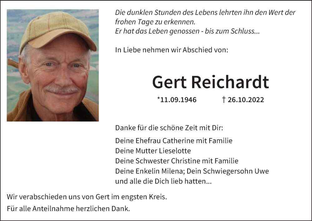  Traueranzeige für Gert Reichardt vom 12.11.2022 aus MGO