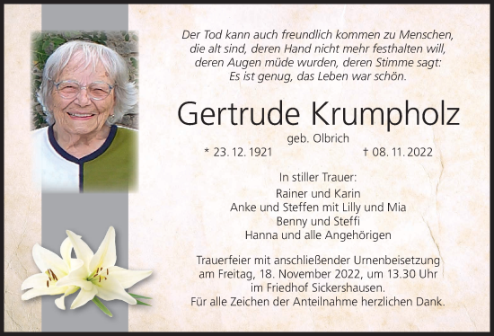 Anzeige von Gertrude Krumpholz von MGO