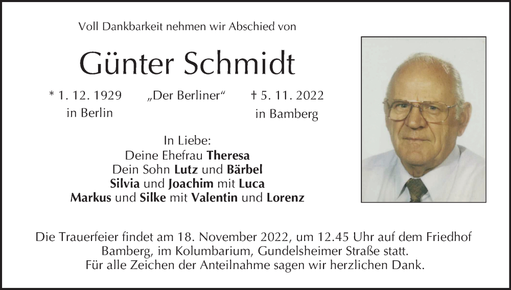  Traueranzeige für Günter Schmidt vom 12.11.2022 aus MGO
