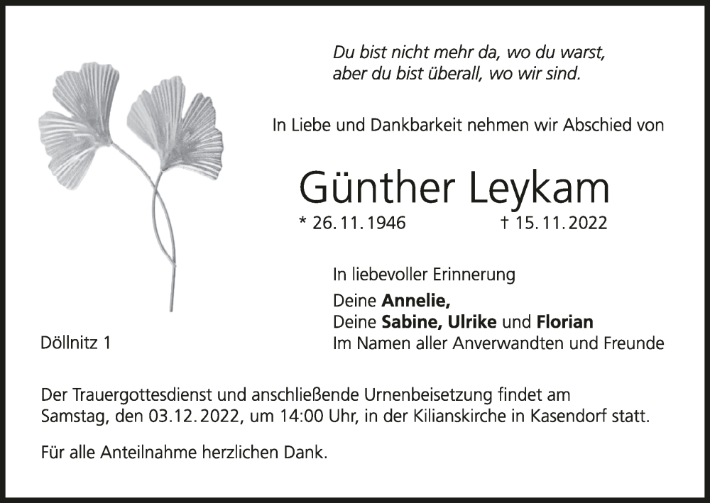  Traueranzeige für Günther Leykam vom 29.11.2022 aus MGO