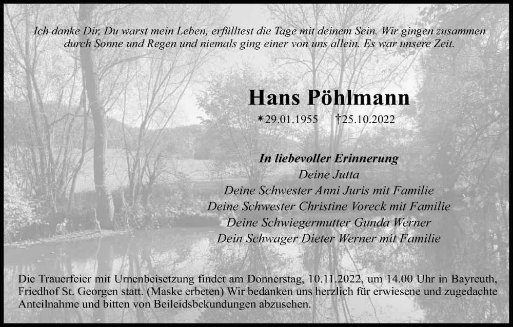  Traueranzeige für Hans Pöhlmann vom 05.11.2022 aus MGO
