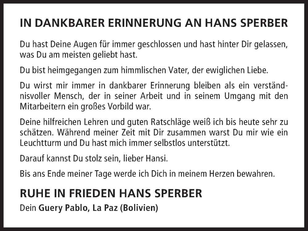  Traueranzeige für Hans Sperber vom 12.11.2022 aus MGO