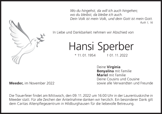 Anzeige von Hansi Sperber von MGO