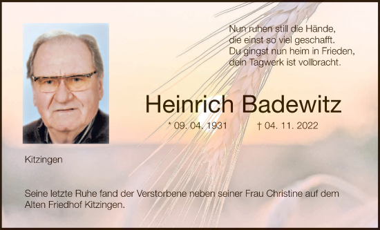 Anzeige von Heinrich Badewitz von MGO
