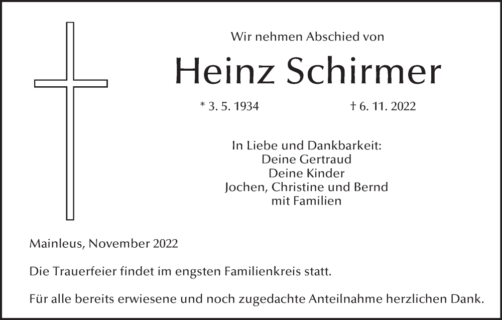 Traueranzeige für Heinz Schirmer vom 12.11.2022 aus MGO