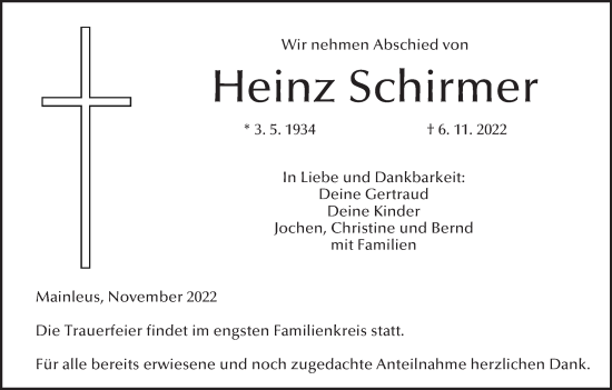 Anzeige von Heinz Schirmer von MGO
