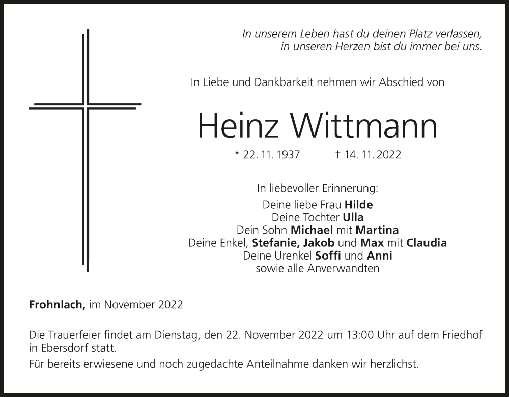  Traueranzeige für Heinz Wittmann vom 19.11.2022 aus MGO