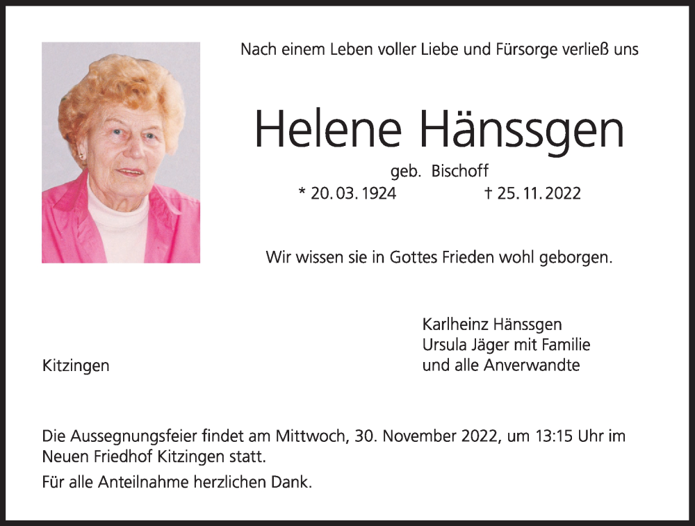  Traueranzeige für Helene Hänssgen vom 29.11.2022 aus MGO