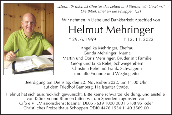 Anzeige von Helmut Mehringer von MGO