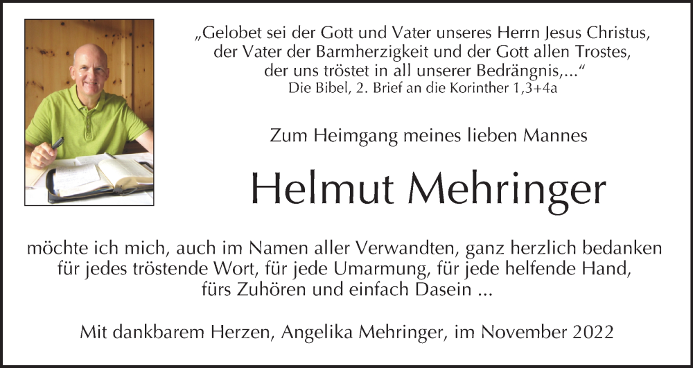  Traueranzeige für Helmut Mehringer vom 26.11.2022 aus MGO