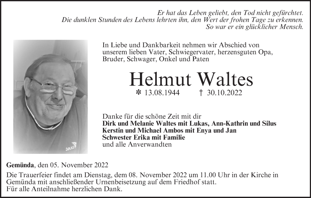  Traueranzeige für Helmut Waltes vom 05.11.2022 aus MGO