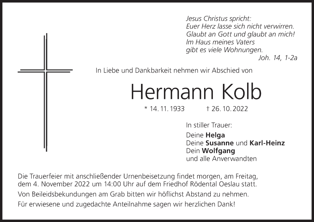  Traueranzeige für Hermann Kolb vom 03.11.2022 aus MGO