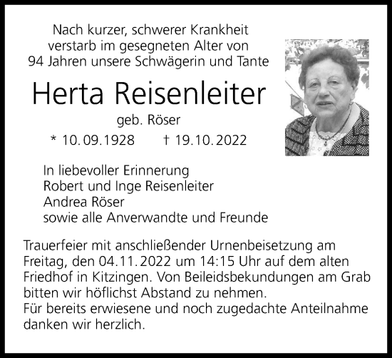 Anzeige von Herta Reisenleiter von MGO