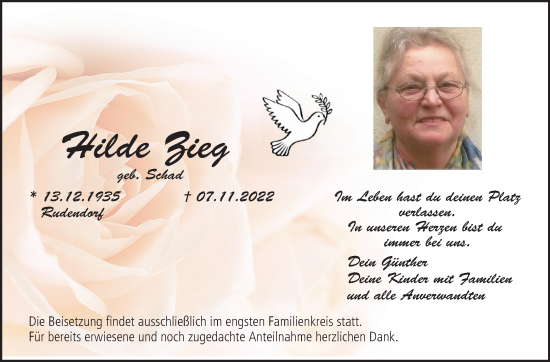 Anzeige von Hilde Zieg von MGO