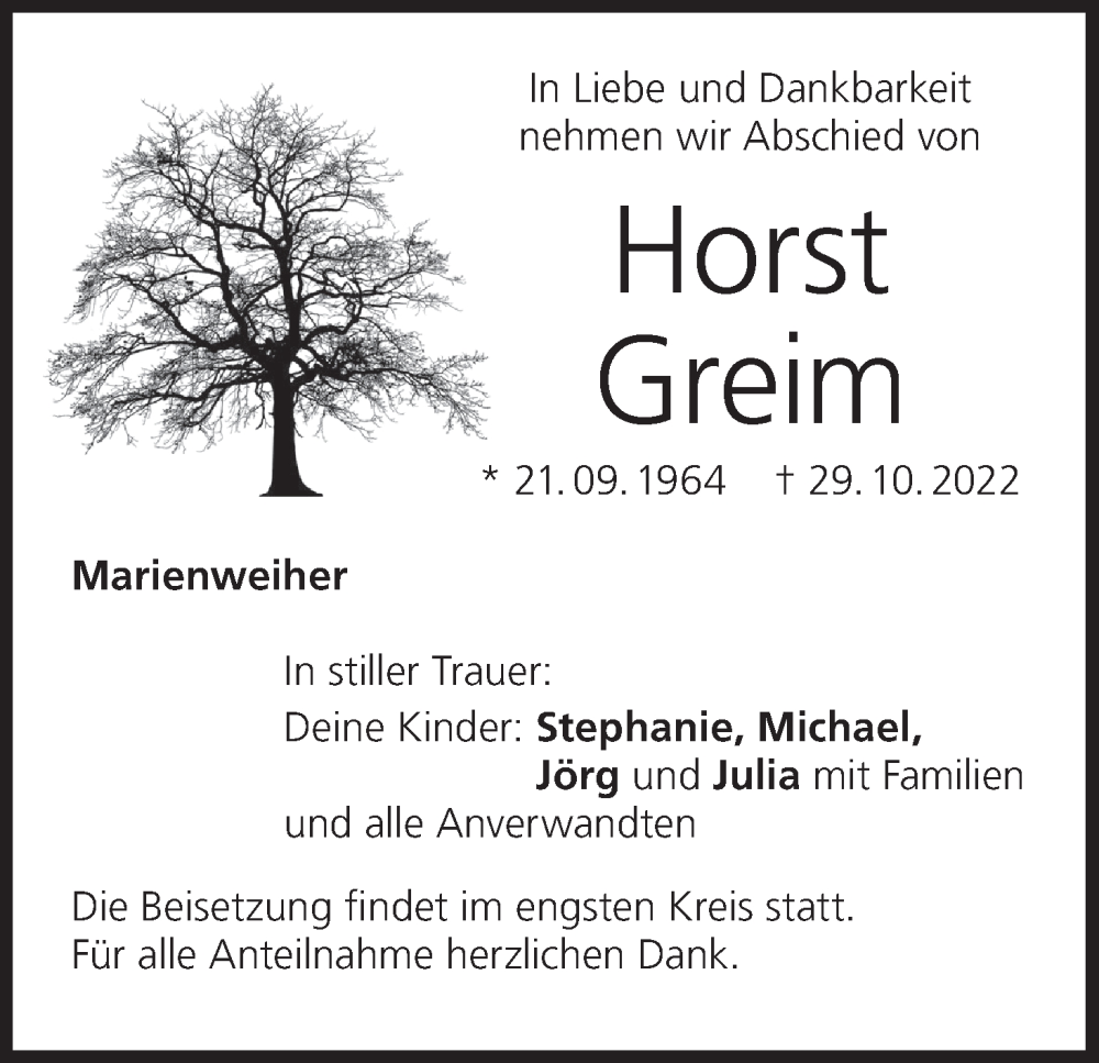  Traueranzeige für Horst Greim vom 05.11.2022 aus MGO