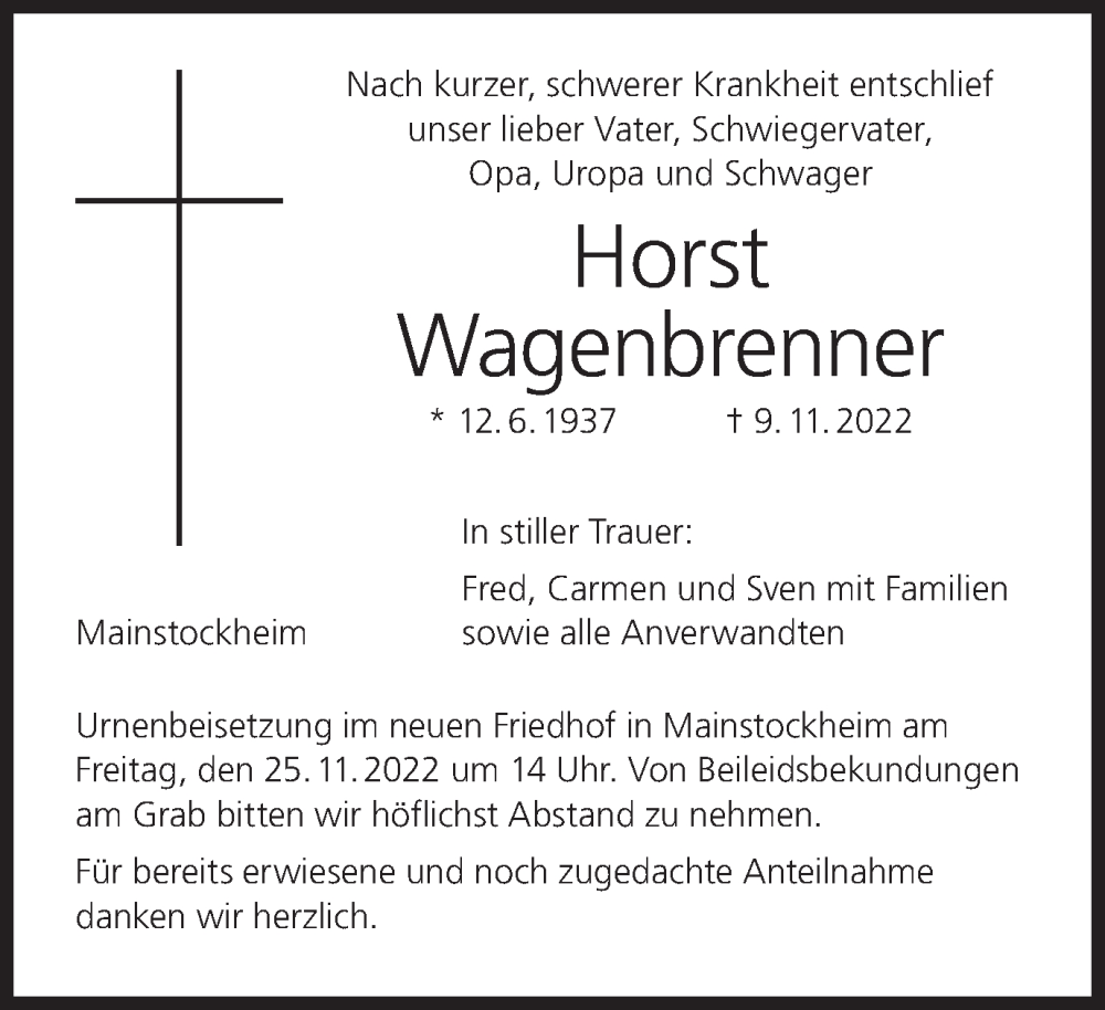  Traueranzeige für Horst Wagenbrenner vom 22.11.2022 aus MGO